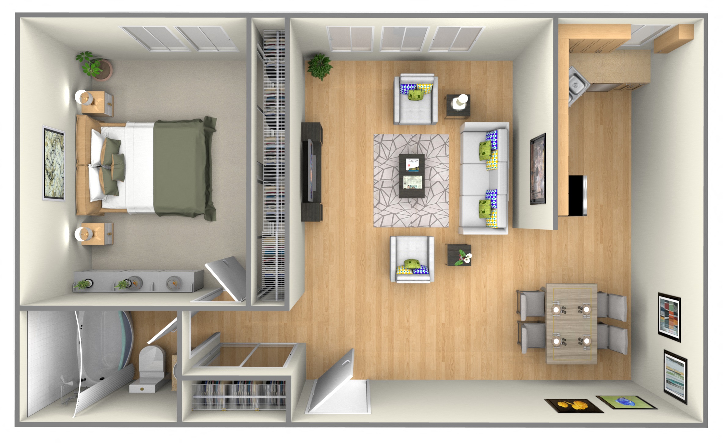 Floor plan for 1 bed, 1 bath, 700 sqft